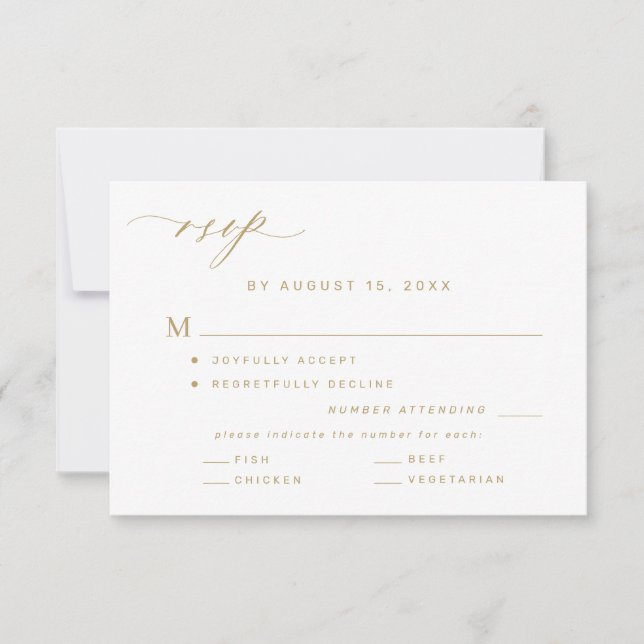 Elegant meals option gold and white wedding RSVP card (Front)