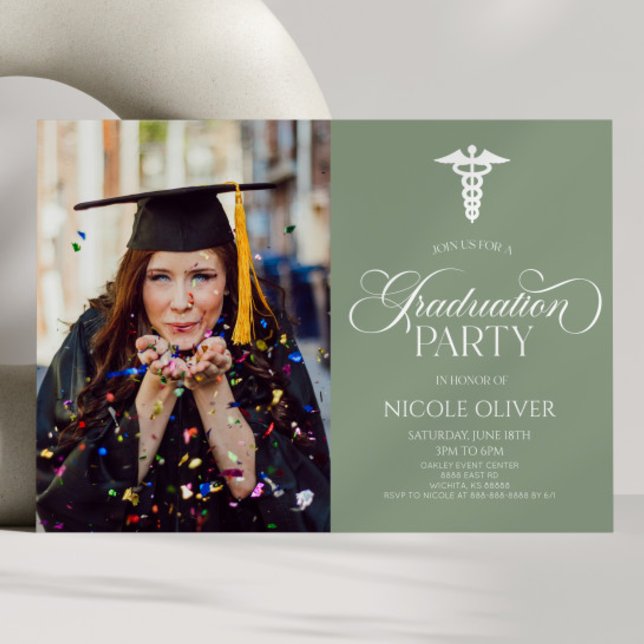 Elegant Medical Caduceus Custom Picture Graduation Invitation (Creator Uploaded)