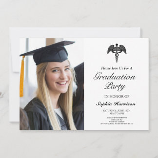 Elegant Medical Caduceus Custom Picture Graduation Invitation