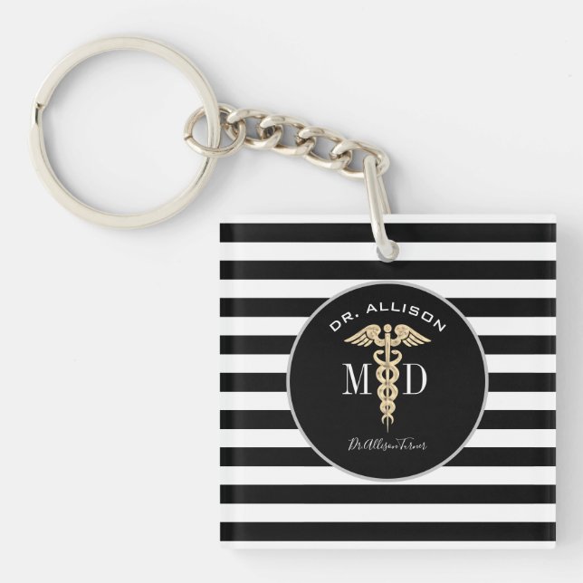 Elegant Medical Doctor Caduceus Black Personalized Keychain (Front)