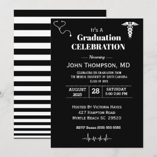Elegant Medical Graduation Party Black and White  Invitation