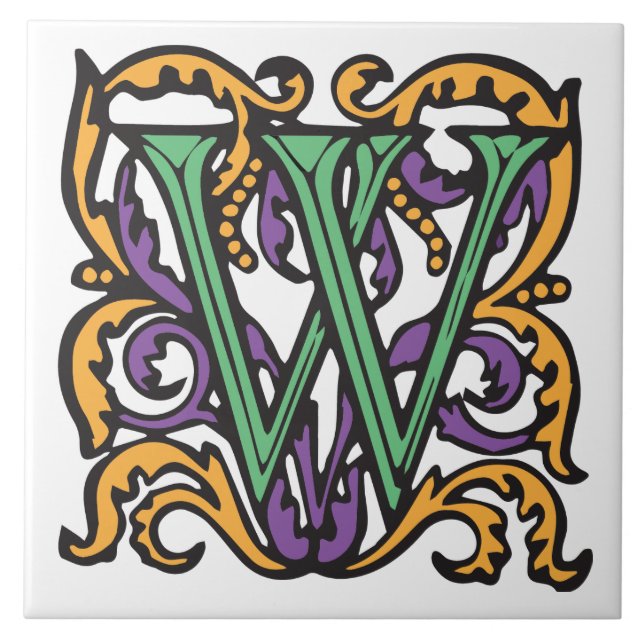 Elegant Medieval Green Letter W Monogram Tile (Front)