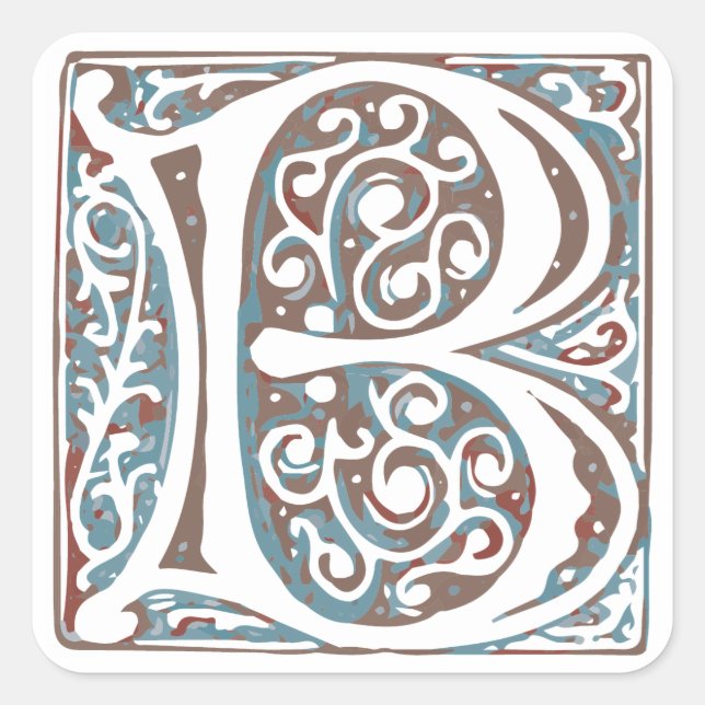 Elegant Medieval Letter B Antique Monogram Square Sticker (Front)