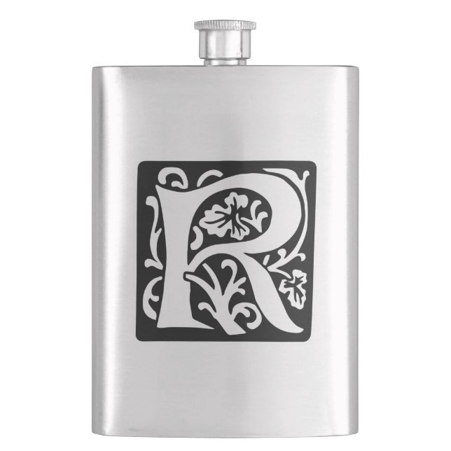 Elegant Medieval Letter R Antique Monogram Hip Flask (Front)
