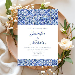 Elegant Mediterranean Blue Tiles Wedding Invitatio Invitation
