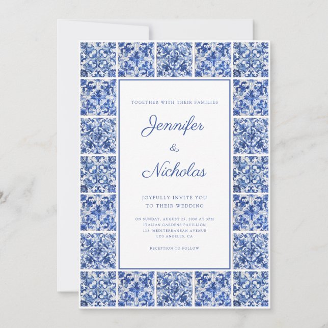 Elegant Mediterranean Blue Tiles Wedding Invitation (Front)