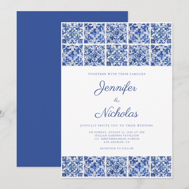 Elegant Mediterranean Blue Tiles Wedding Invitation (Front/Back)