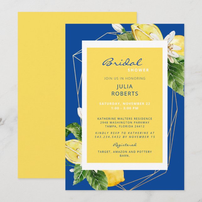 Elegant Mediterranean Blue & Yellow Bridal Shower Invitation (Front/Back)