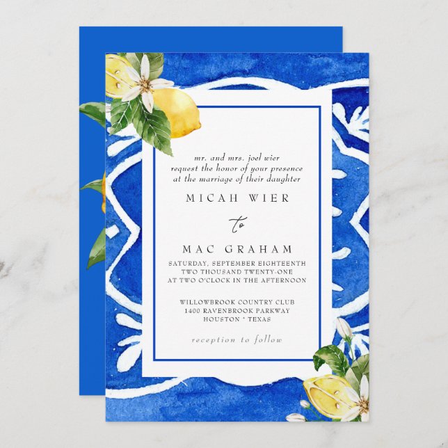 Elegant Mediterranean Floral & Lemon II Wedding Invitation (Front/Back)