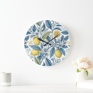 Elegant Mediterranean Lemon Botanical Navy Large Clock