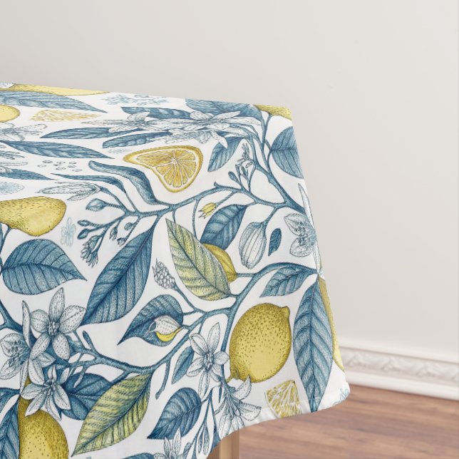 Elegant Mediterranean Lemon Botanical Navy Tablecloth (In Situ)