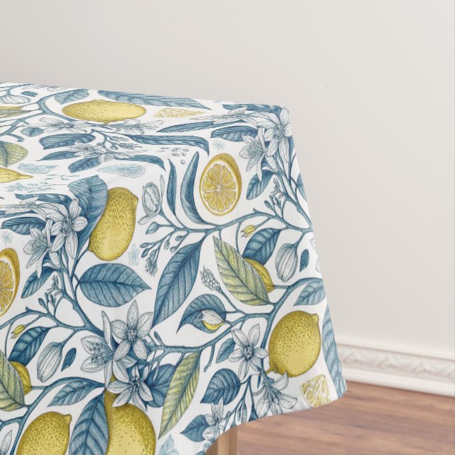 Elegant Mediterranean Lemon Botanical Navy Tablecloth (In Situ)