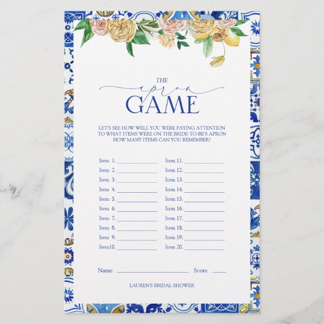 Elegant Mediterranean Lemon Bridal Shower Game (Front)