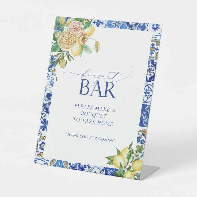 Elegant Mediterranean Lemon Floral Bouquet Bar Pedestal Sign (Front)