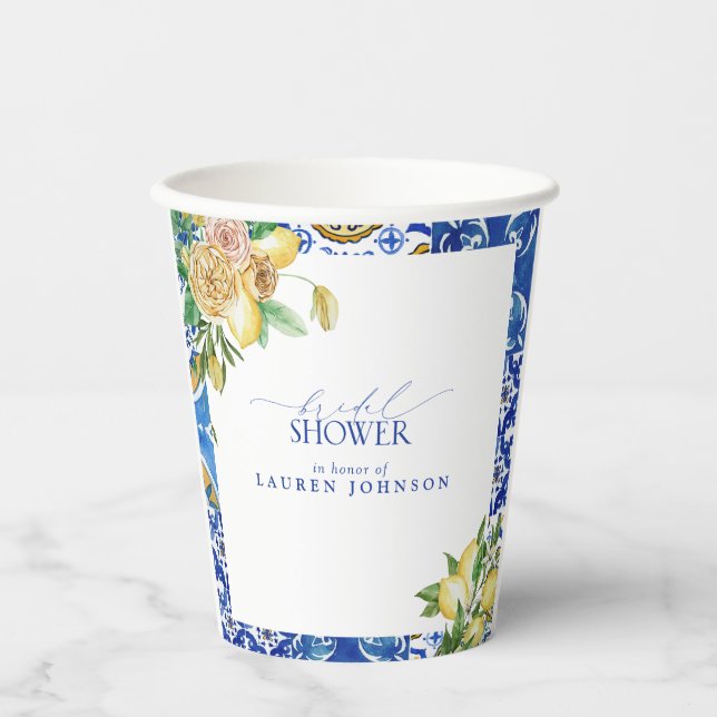 Elegant Mediterranean Lemon Floral Bridal Shower Paper Cups (Front)