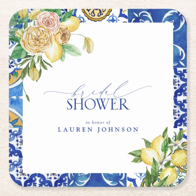 Elegant Mediterranean Lemon Floral Bridal Shower Square Paper Coaster (Front)