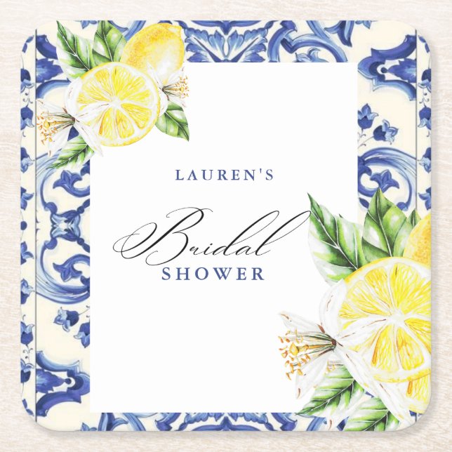 Elegant Mediterranean Lemon Floral Bridal Shower Square Paper Coaster (Front)