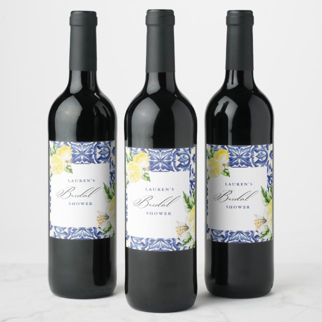 Elegant Mediterranean Lemon Floral Bridal Shower Wine Label (Bottles)