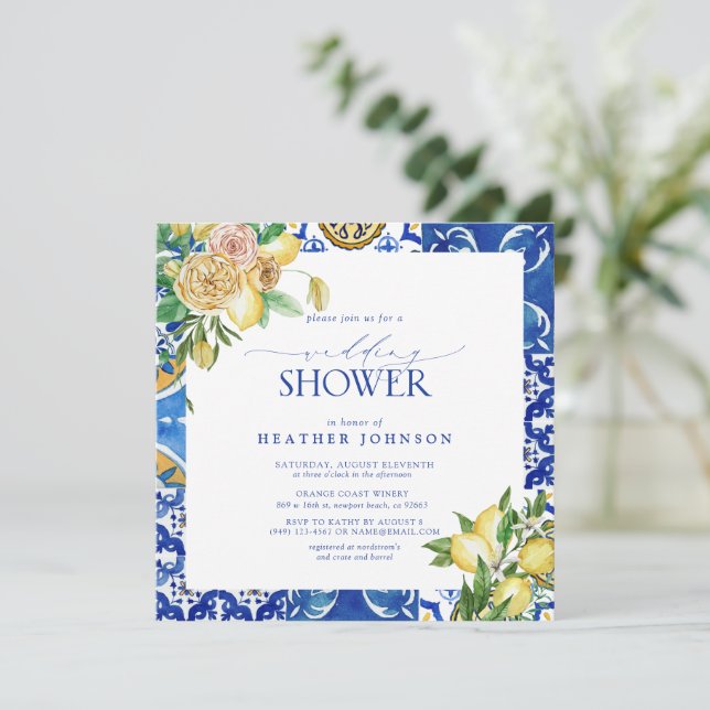 Elegant Mediterranean Lemon Floral Wedding Shower Invitation (Standing Front)