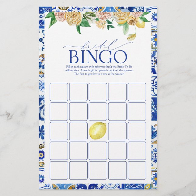 Elegant Mediterranean Lemon Shower Bingo Game (Front)