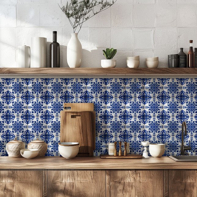 Elegant Mediterranean Navy Blue White Pattern Tile (Creator Uploaded)