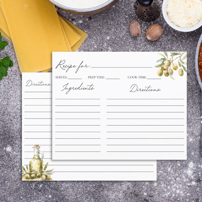 Elegant Mediterranean Olive Family Recipe Card (In situ)