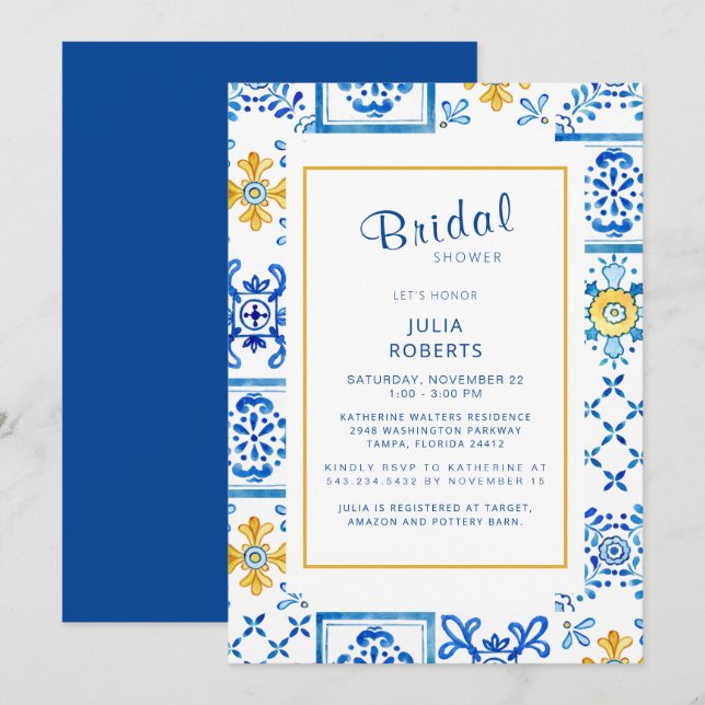 Elegant Mediterranean Tile Cobalt Bridal Shower In Invitation (Front/Back)