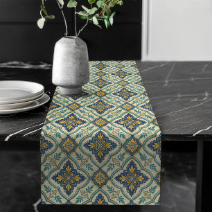 Elegant Mediterranean Tile Pattern pastel green Long Table Runner