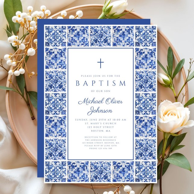 Elegant Mediterranean Tiles Boy Baptism  Invitation (Elegant Mediterranean Tiles Boy Baptism Invitation)