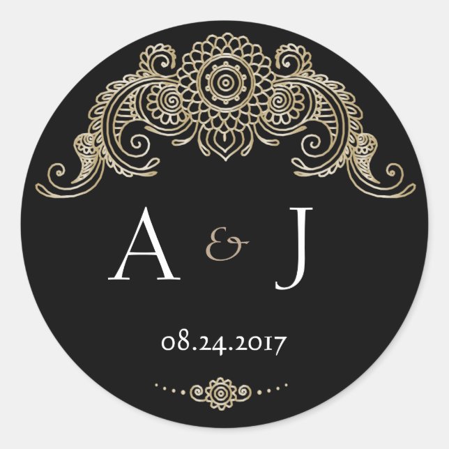 Elegant Mehndi design round stickers-black Classic Round Sticker (Front)