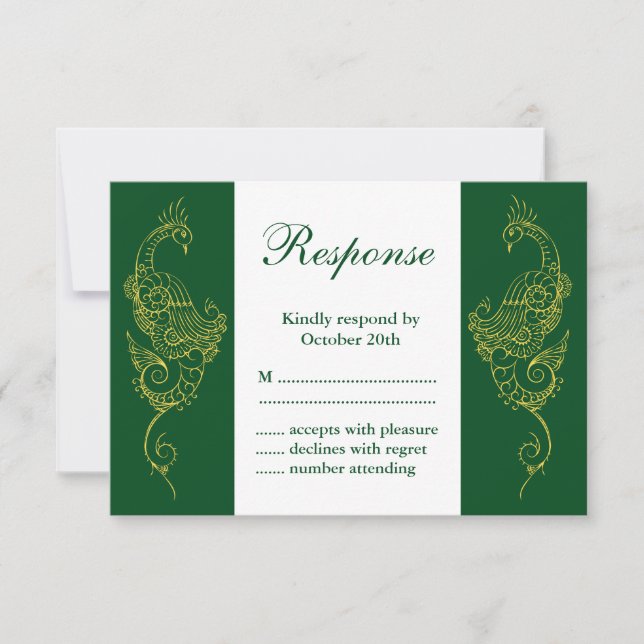 Elégant Mehndi Peacock Mariage RSVP Vert Blanc (Devant)