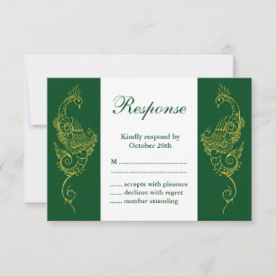 Elegant Mehndi Peacock Wedding RSVP Green White Card