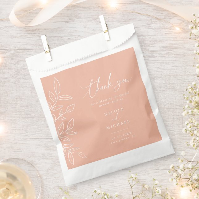 Elegant Melon Pink Leaves Wedding Thank You Favour Bag (Clipped)