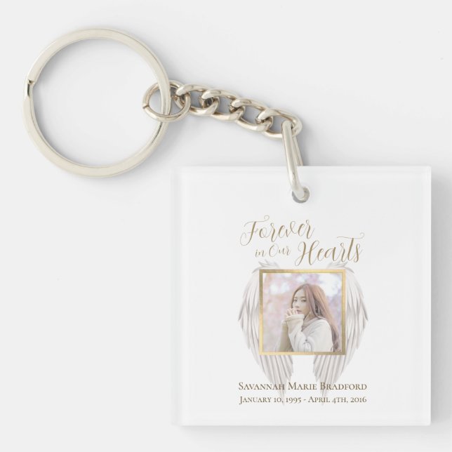 Elegant Memorial Forever in Our Hearts Photo Keychain (Front)