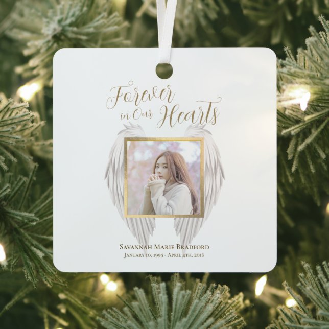 Elegant Memorial Forever in Our Hearts Photo Metal Ornament (Insitu)