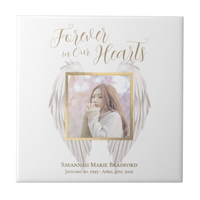 Elegant Memorial Forever in Our Hearts Photo Tile (Front)