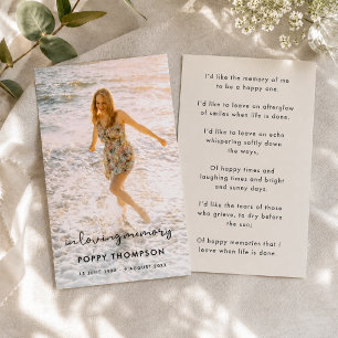 Elegant Memorial   Funeral Favour Poem Card