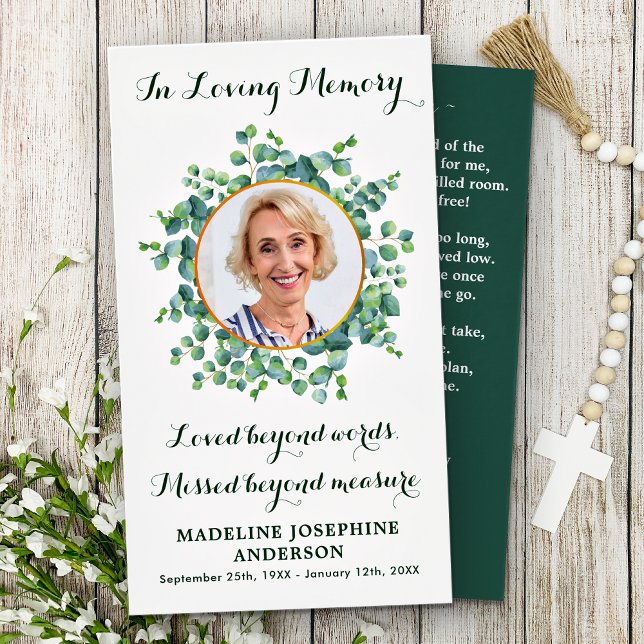 Elegant Memorial Funeral Prayer Card Eucalyptus  (Creator Uploaded)