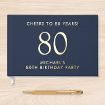 Elegant Mens 80th Birthday Party Blue Guest Book<br><div class="desc">Elevate his 80th birthday party with this elegant dark navy blue guestbook that features genuine gold foil,  "Cheers to 80 Years" and his name in simple,  modern lettering,  Personalize the title on the spine and change the foil colour to silver if desired.</div>