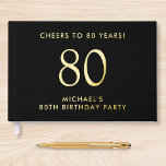 Elegant Mens 80th Birthday Party Guest Book<br><div class="desc">Elevate his 80th birthday party with this elegant black guestbook that features genuine gold foil,  "Cheers to 80 Years" and his name in simple,  modern lettering,  Personalize the title on the spine and change the foil colour to silver if desired.</div>
