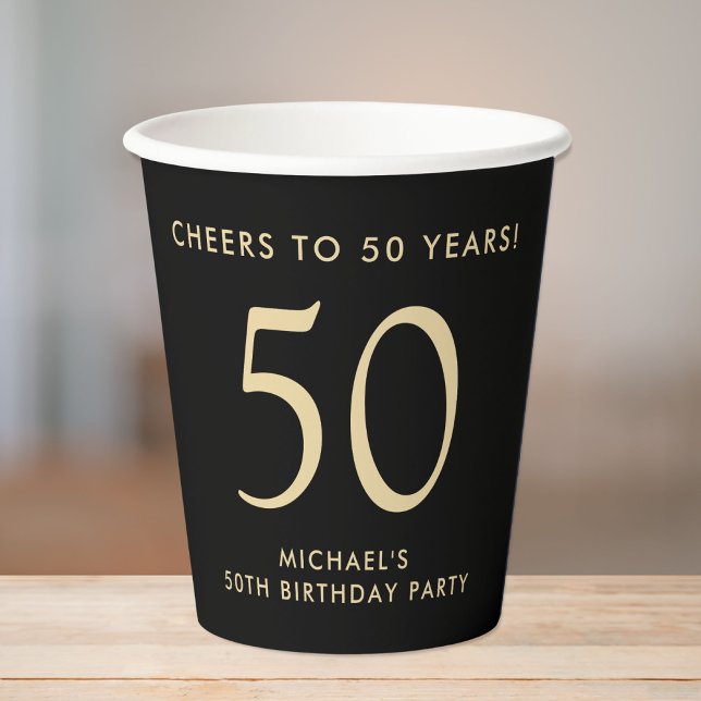 Elegant Mens Black Gold 50th Birthday Party Paper Cups (Creator Uploaded)