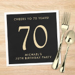 Elegant Mens Black Gold 70th Birthday Party Napkin<br><div class="desc">Elevate his 70th birthday party with these elegant black napkins featuring "Cheers to 70 Years" and his name in modern gold lettering, </div>