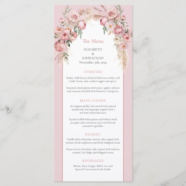 Elégant menu boho arch pampas fleurs rose vif (Devant)