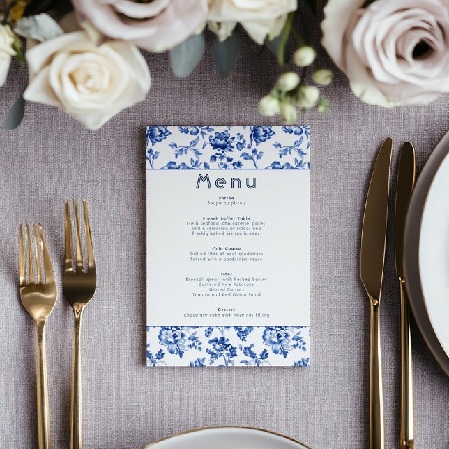 Élégant menu botanique bleu et blanc (Elegant deep blue delftware style botanical menu, classic and timeless celebration border.)