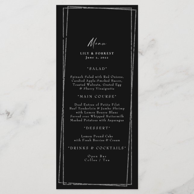Elégant menu de cadre géométrique noir et argent (Devant)
