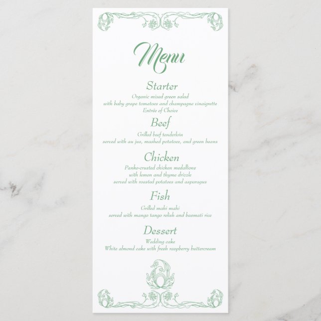 Elégant menu de dîner de mariage - Green Rose Fili (Devant)