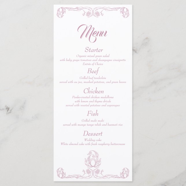 Elégant menu de dîner de mariage - Rose Rose Filig (Devant)