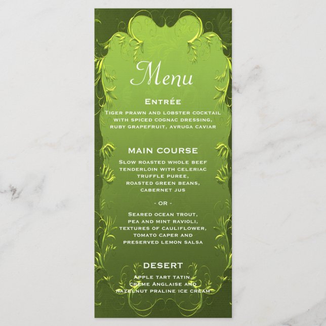Elégant menu de réception de mariage vert (Devant)