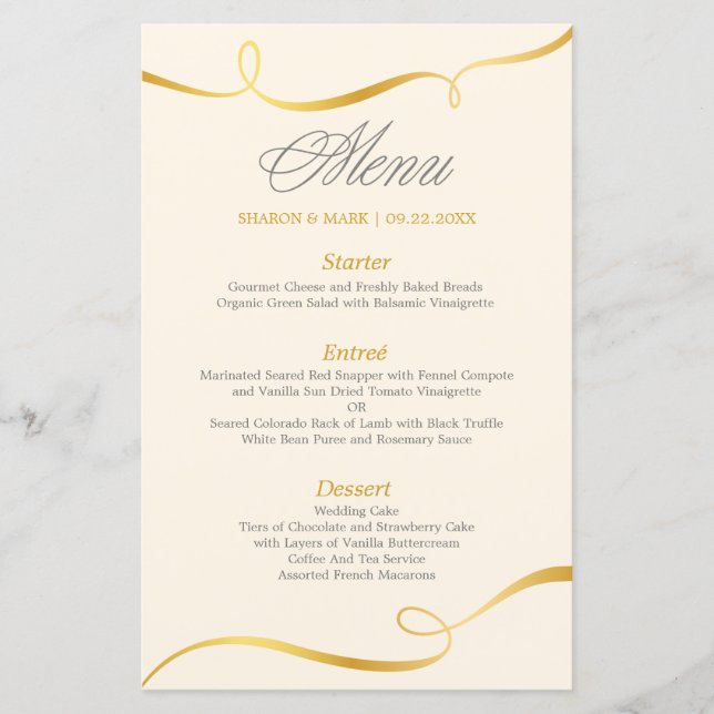 Élégant Menu Dîner Gold Swirl | Couleur modifiable (Devant)