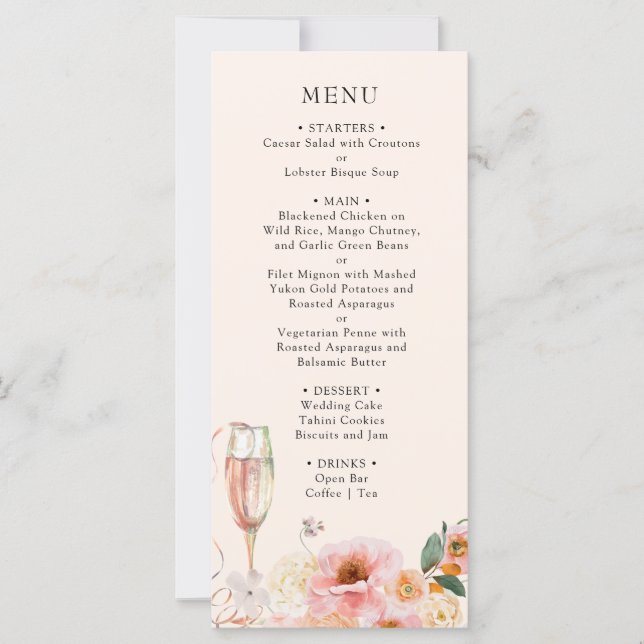 Elégant menu Fête des mariées Champagne Floral Ros (Devant)